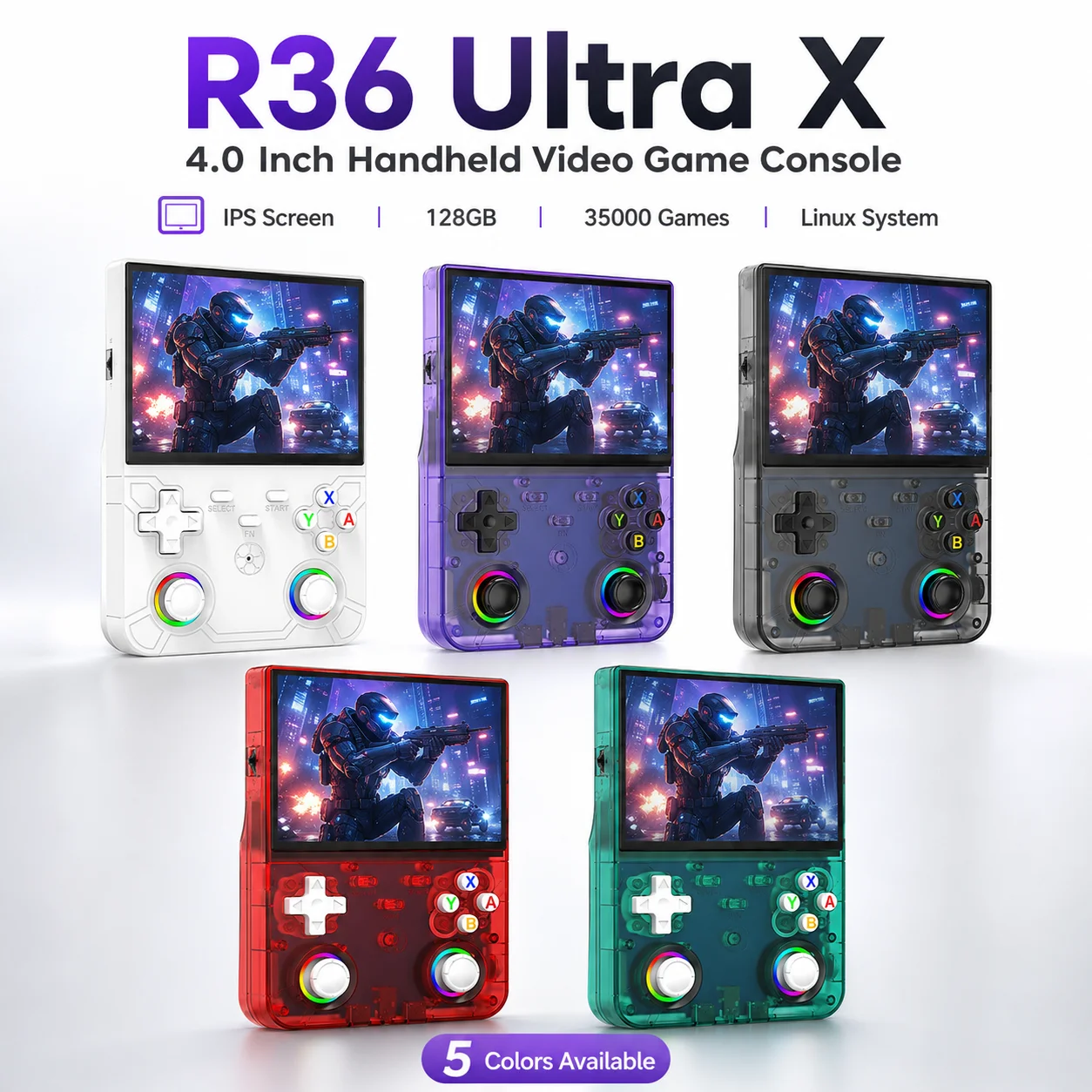 Consola de videojuegos portátil R36 Ultra X de 4.0 pulgadas con pantalla IPS, 128 GB, 35000 juegos precargados, reproductor de bolsillo portátil con sistema Linux