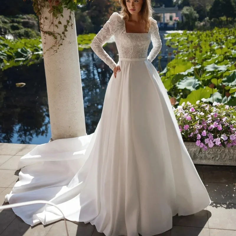 

Elegant Wedding Dresses Square Collar Long Sleeve Bride Dress with Lace A-Line Sweep Train Bridal Gown Customized robe de mariée