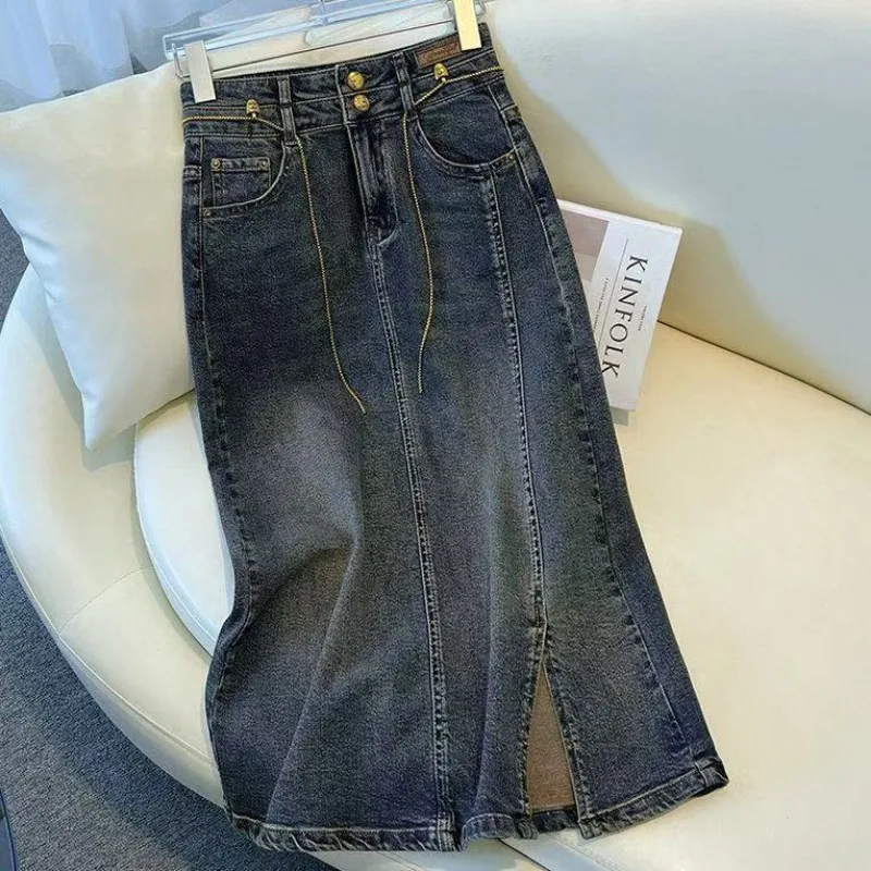 

High Quality High Appearance Level High Waist Slim Medium Long Style New Vintage Split Spring and Autumn Fashion Denim Skirt