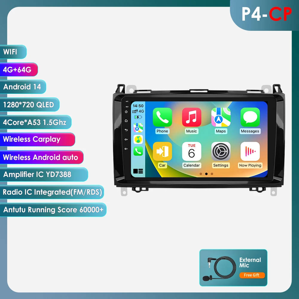 Hizpo 9" Android autoradio voor Mercedes Benz W169 W245 B200 W906 B906 Sprinter W639 Vito, draadloze CarPlay, Android Auto, GPS-navigatie, multimedia-speler, IPS-scherm, stereo, WiFi, 4G, Bluetooth,