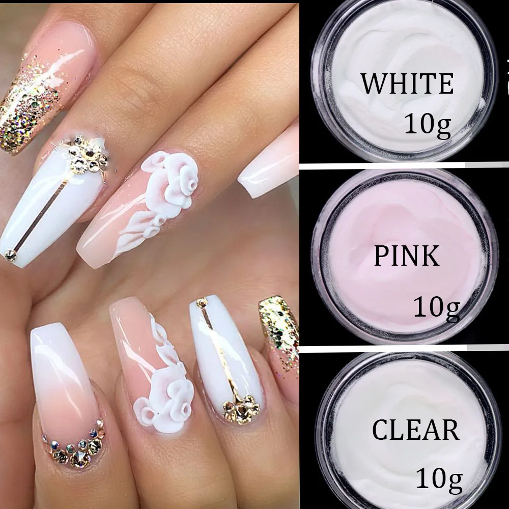 Polvo acrílico profesional de 3 colores Net10g nail Art, polvo acrílico constructor de puntas de polímero rosa/Blanco/polvos acrílicos transparentes y * &