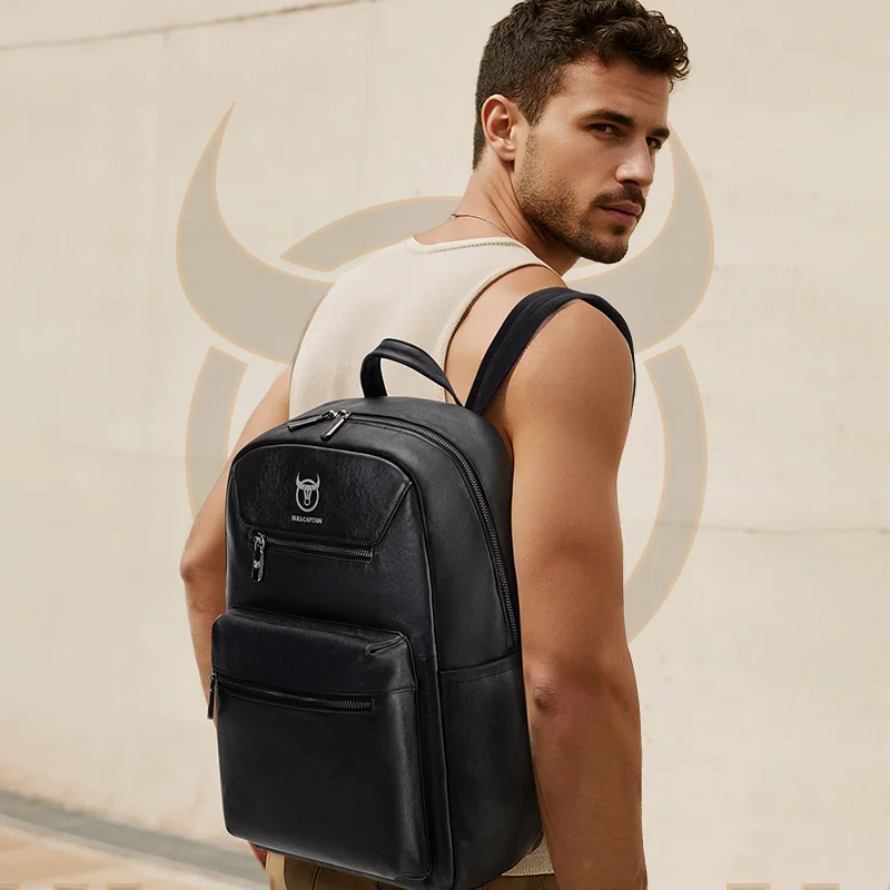 BULLCAPTAIN Men's Genuine Leather Business High-End Backpack Large Capacity Casual Travel Bag 16-inch Office Laptop Backpack