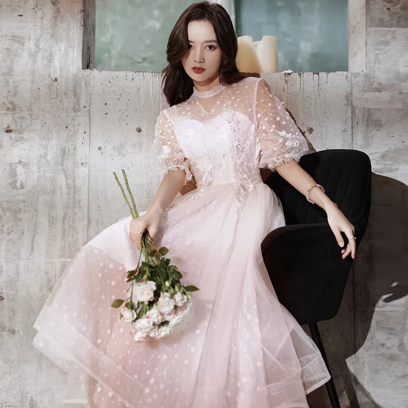 GIYSILE Long-sleeved Bridal Wedding Dress Champagne Temperament Long Dresses Short-sleeved Mid-length Birthday Party White Dress