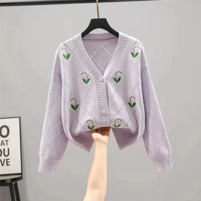 

DAYIFUN Autumn Winter Knitted Cardigan Women's Korean Fashion V-neck Loose Gentle Embroidery Versatile Sweaters New Women Coats