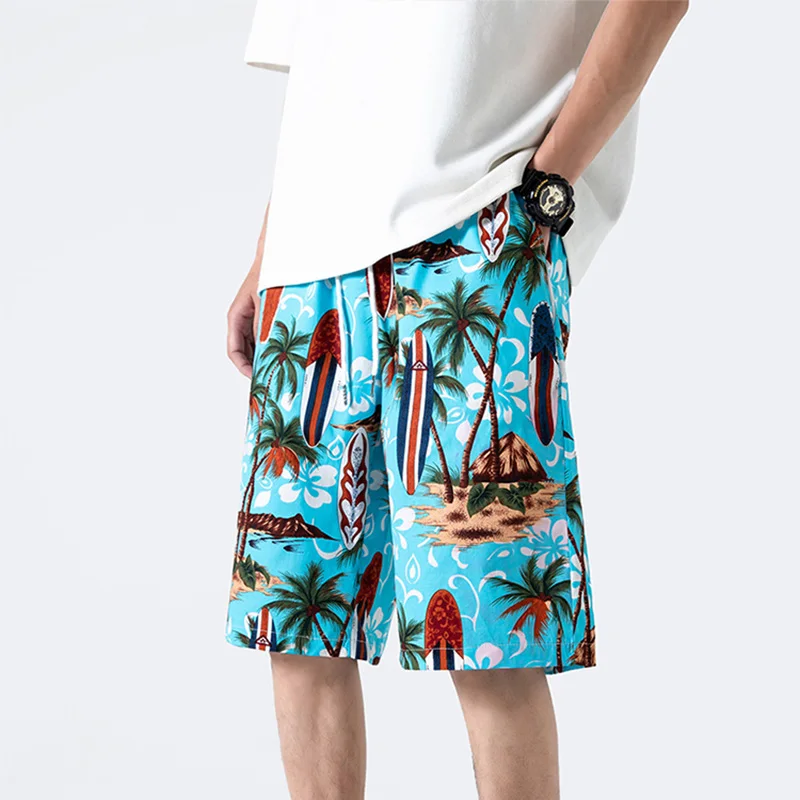 Fashion Elastic Lace Up Pockets Color Printed Casual Shorts Men's Clothing 2024 Summer Loose High Waist Wide Leg Beach Shorts