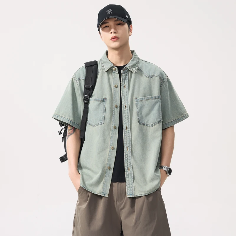 Men Summer Lightweight Thin Fashion Loose Casual Plus Size Vintage Washed Denim Short Sleeve Jeans Cargo Shirts Cityboy Blouses
