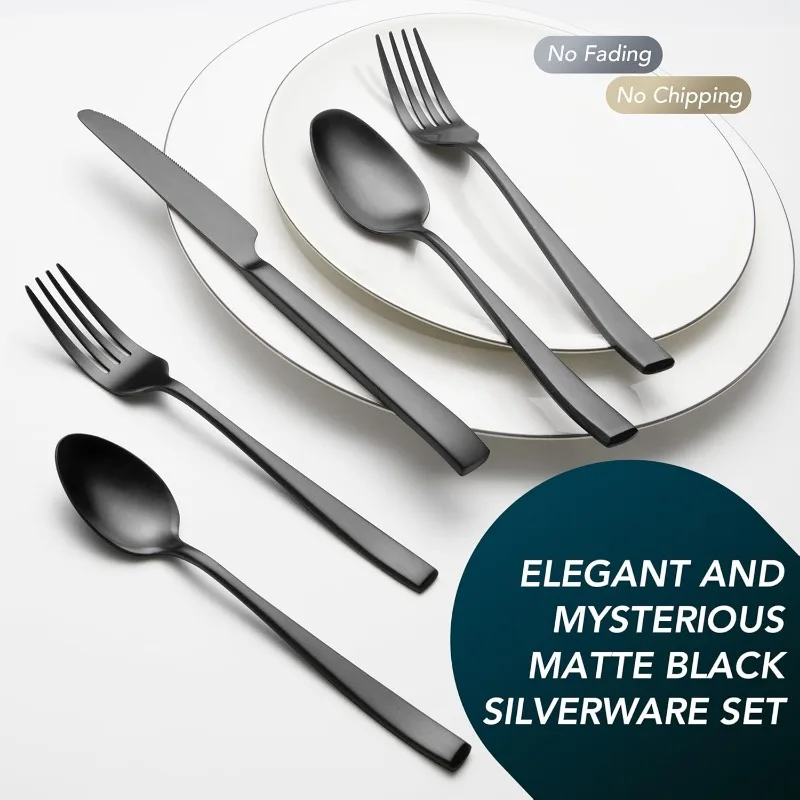 EIUBUIE 40-Piece Premium Stainless Steel Black Cutlery Set for 8, Matte Flatware Set