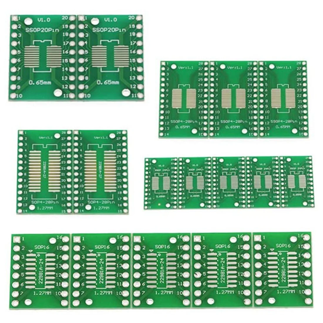 

Набор для монтажа SMD-компонентов на печатные платы ABZW, 35 шт.: переходники SMT-DIP (SOP, MSOP, SSOP, TSSOP, SOT23) на DIP-разъемы (8, 10, 14, 16, 20, 24, 28)