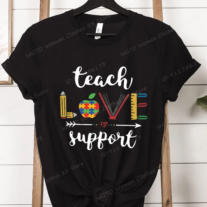 

Teacher T-shirt for Women, Teach Love Support Letter Print Tees, Teacher's Day Gift, Teaching Support T-shirts, Women Clothing