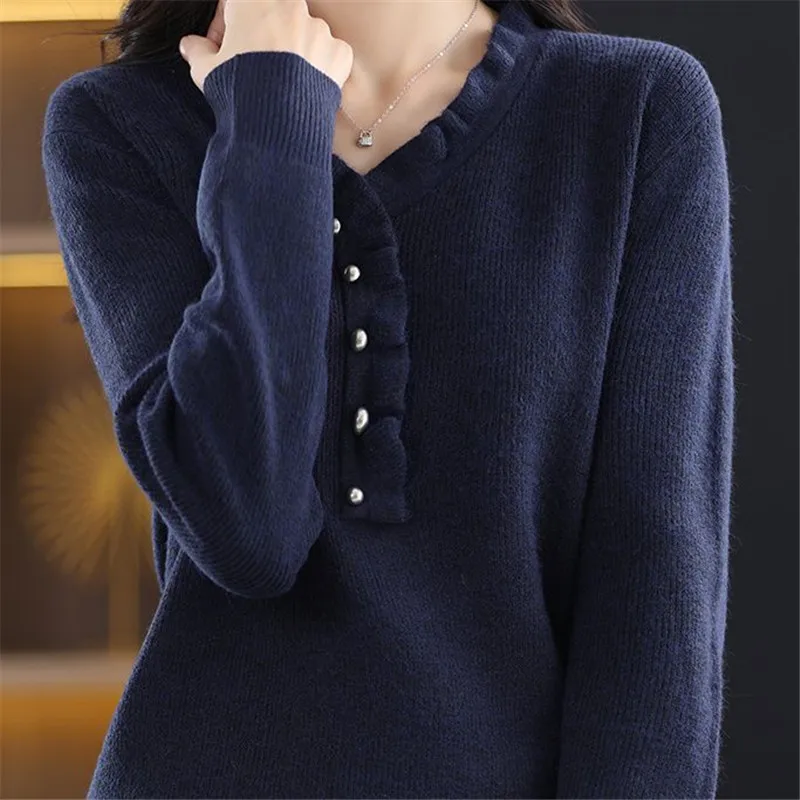 2024 Women New V Neck Sweaters Korean Fashion Autumn Winter Plus Size Simple Knitted Jumpers Female Clothes Casual Pullovers 3XL