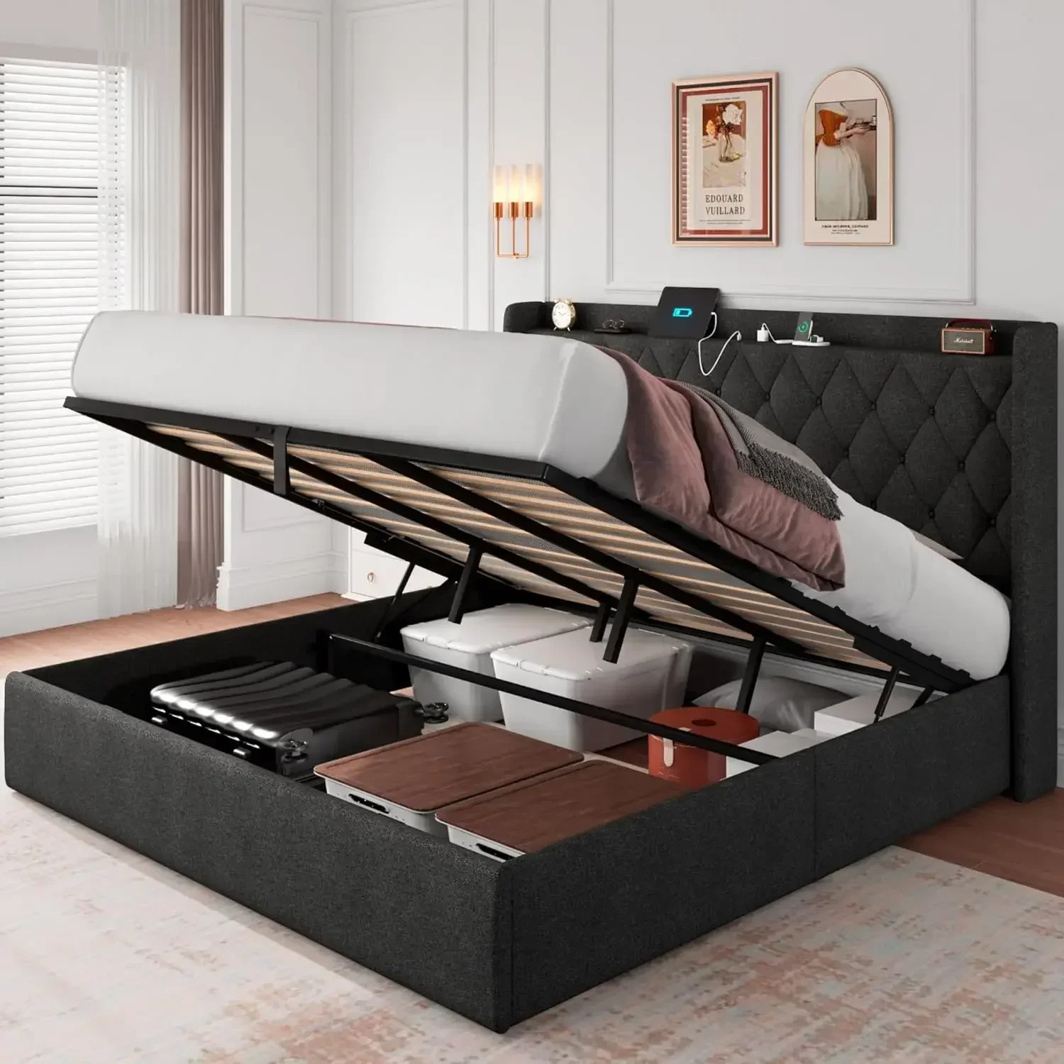 Upholstered Platform Bed Frame with Tufted Headboard, Hydraulic Storage, No Box Spring Needed