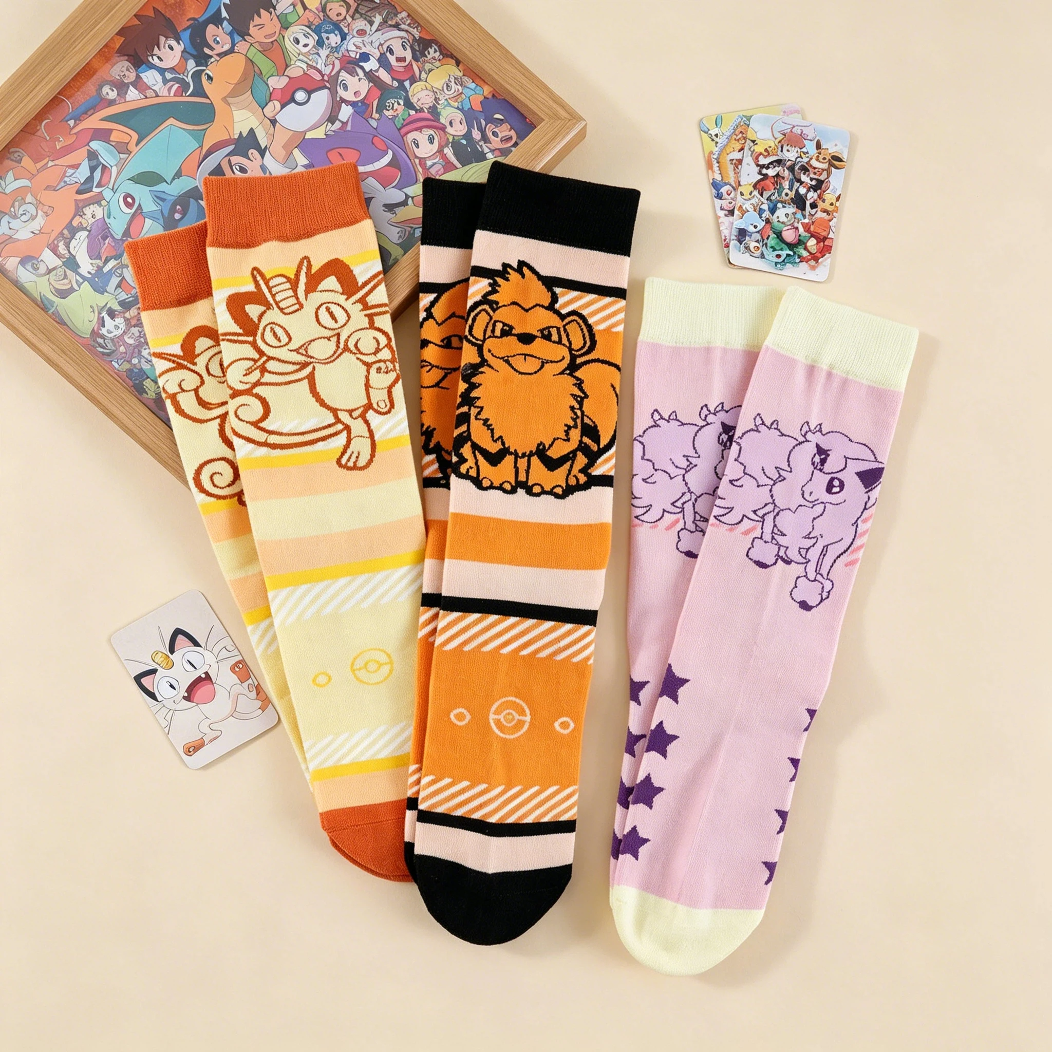 3 Paar Niedliche Pokémon Damensocken mit Anime-Charakter-Druck, Baumwollsocken mit Rundhalsausschnitt für Lässigen und Atmungsaktiven Alltagsgebrauch