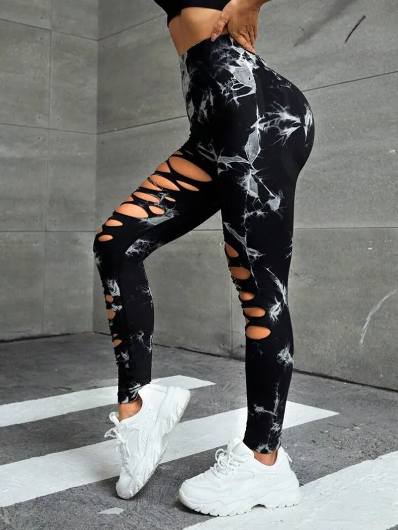 Neue sexy Hollow Out Tie Dye Leggings Frauen nahtlose Leggings hohe Taille Hüfte heben dehnbare Sport Fitness Laufen Yoga Strumpfhosen