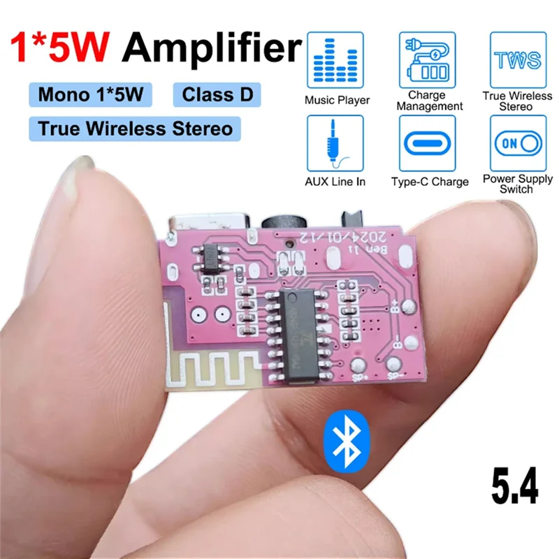 

JABS-DC3.5V-5V 5W Mono Audio Amplifier Bluetooth Decoder Board Supports TWS Pair TYPE-C Interface Electronic Component Kit