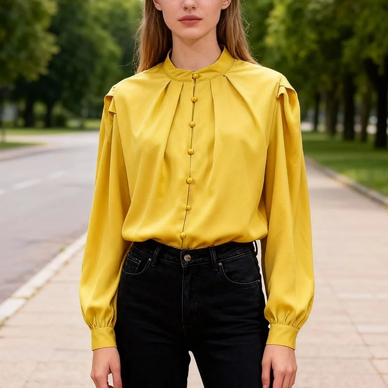 

Women's Satin Puff Sleeve Blouse Stand Collar Pleated Front Button Down Elegant Office Wear Top