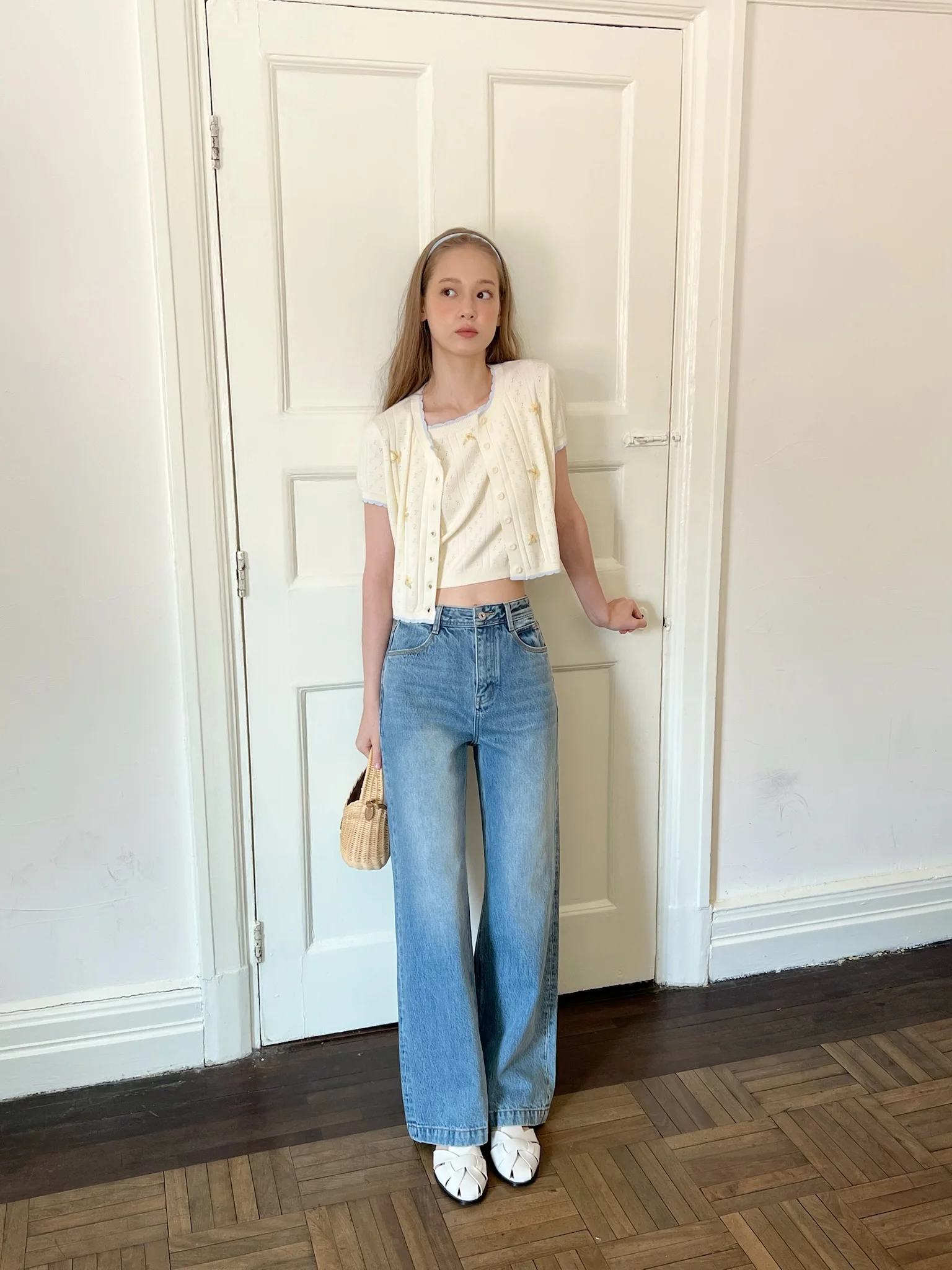 

Melo Molly Casual Straight Leg Jeans High Waist Commuter Sle Four Seasons Universal Leg Lengthening Effect Light Blue