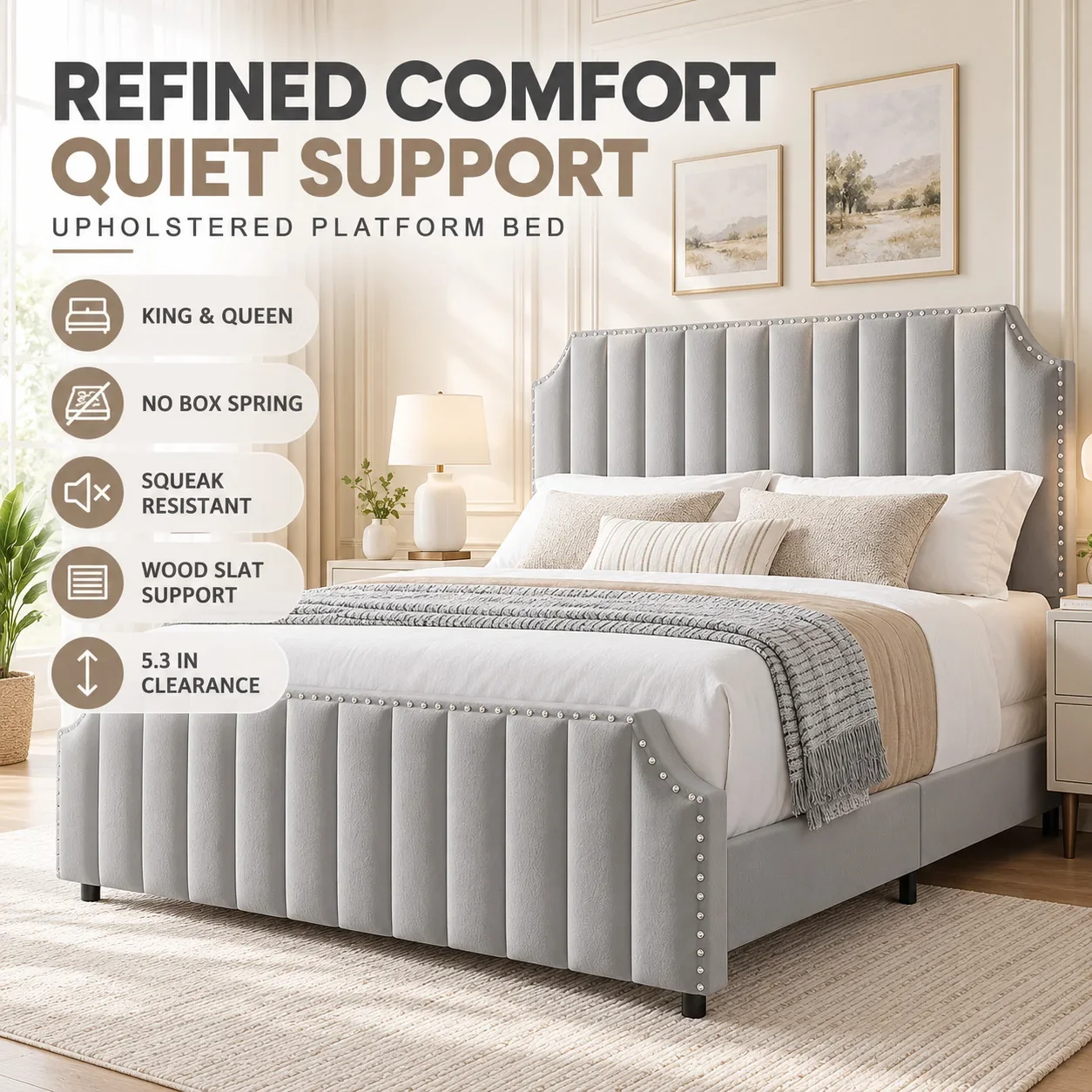Upholstered Platform Bed Queen Size Frame with Vertical Channel Tufted Headboard and Footboard Nailhead Trim Wood Slat Support No Box Spring Needed Squeak Resistant Light Gray