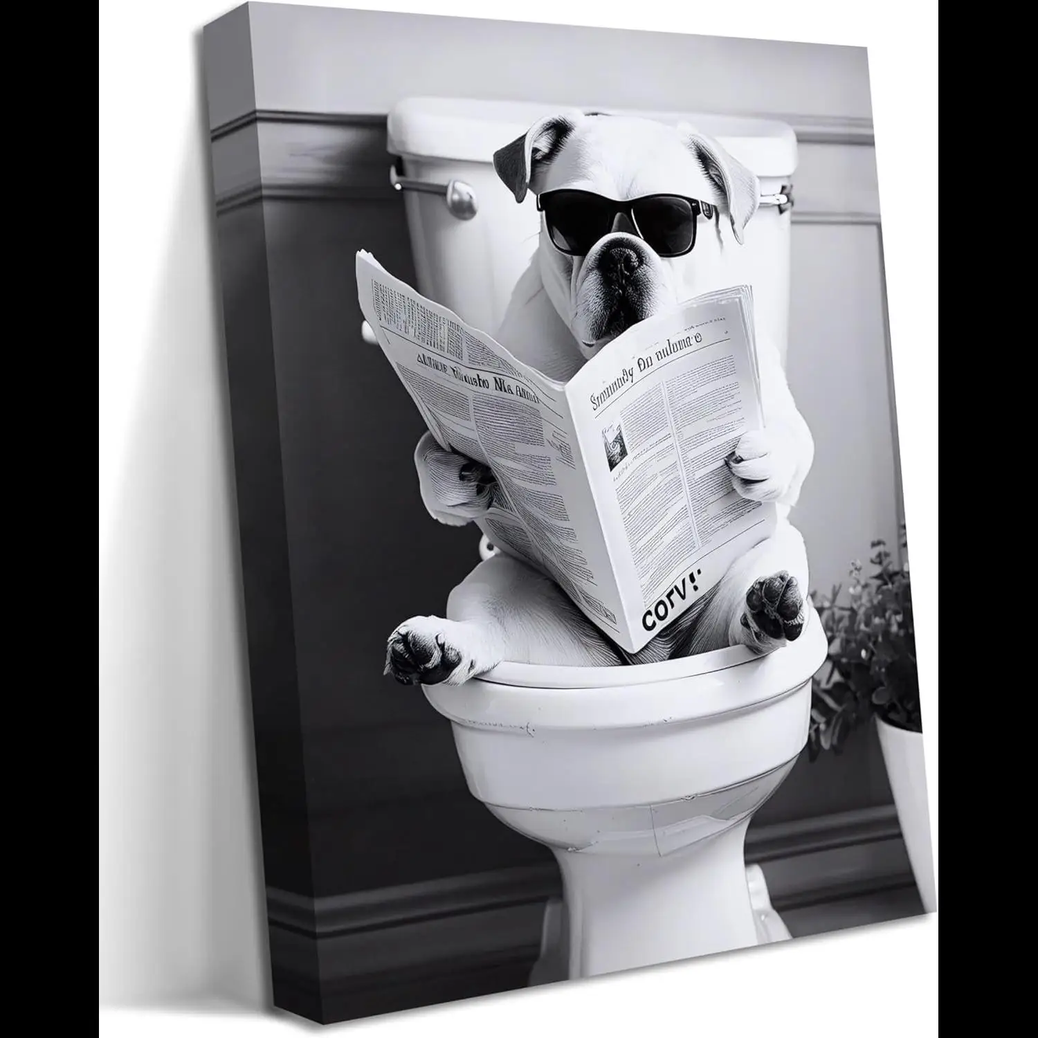 Funny Bathroom Wall Decor Dog Reading Newspaper on Toilet Canvas Art Black  White Poster Prints for Home x inch