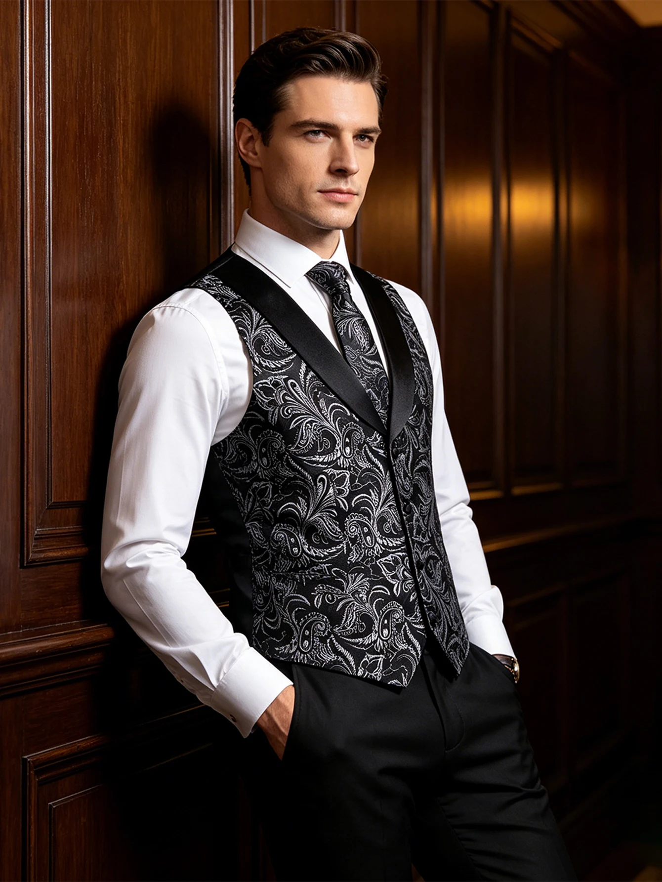 Shawl Collar Vest Matching Set with Tie Pocket Square and Cu