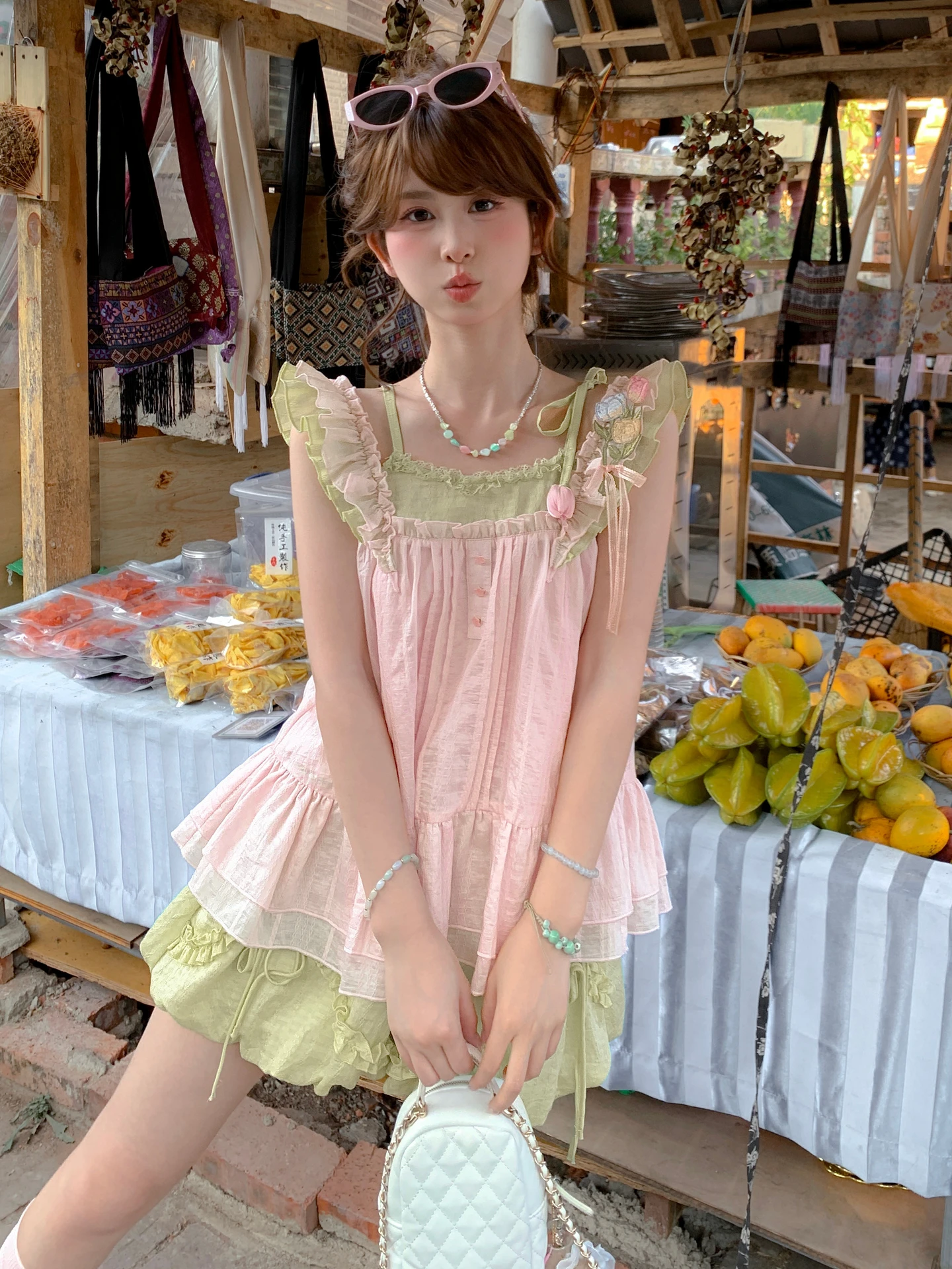 

Cute Sweet Girl Summer Fashion Set Lemon Color Top And Bottoms Floral Print Loose Fit Short Sleeveless Two Piece Women's Ense...