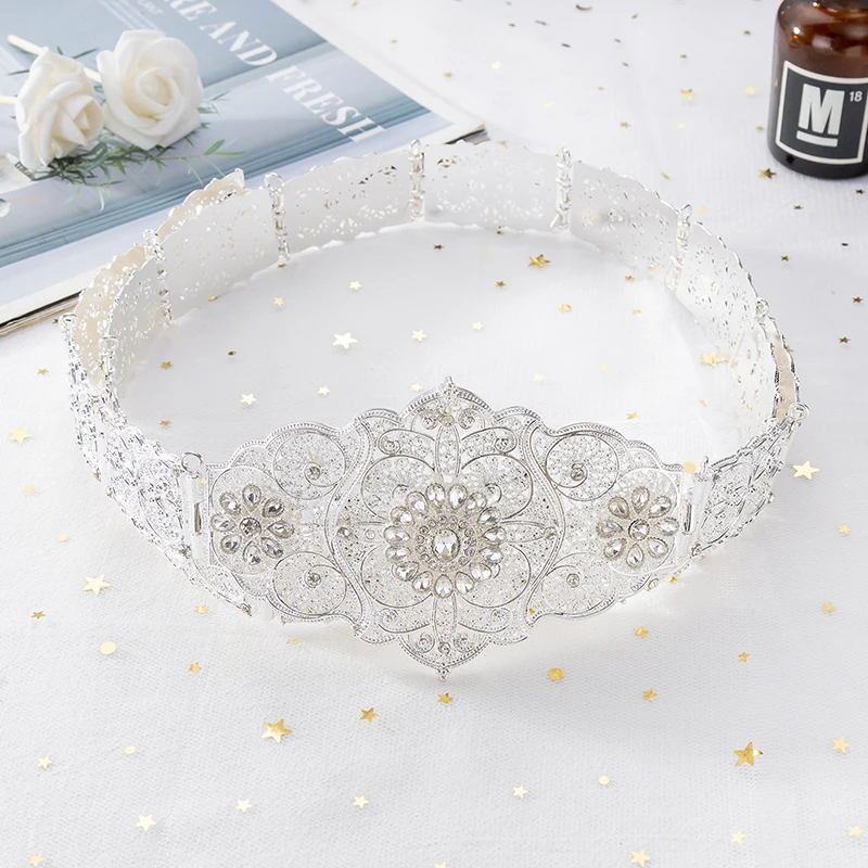 Ceinture en cristal pour robe de mariée de style caucasien pour femme, bijoux de corps, longueur réglable, argent et or, document, ventre en métal, JOFor