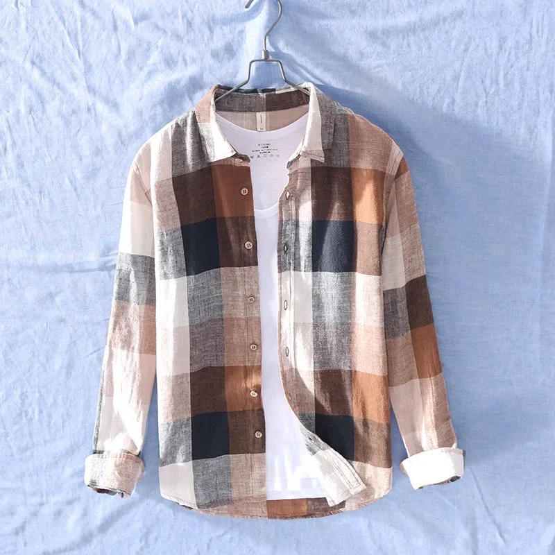 Cotton Linen Casual Plaid Shirts for Men Long Sleeve Tops Male Loose Turn-down Collar Fashion Clothing Trends