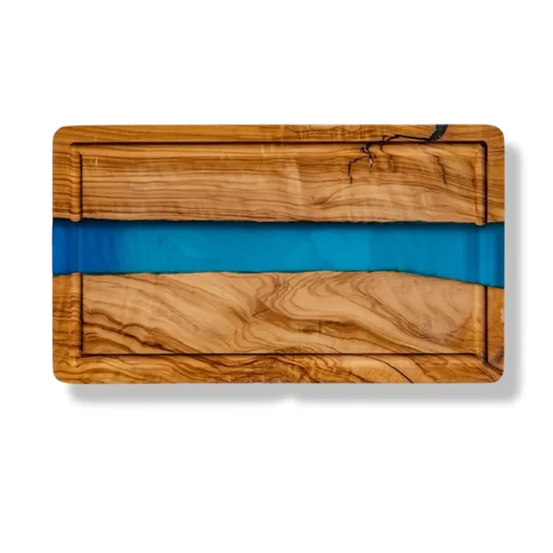 Unique Epoxy Resin River Olive Wood Cutting Board with Juice Groove Wood Food Serving Tray Cheese Board Challah Board Best Gift