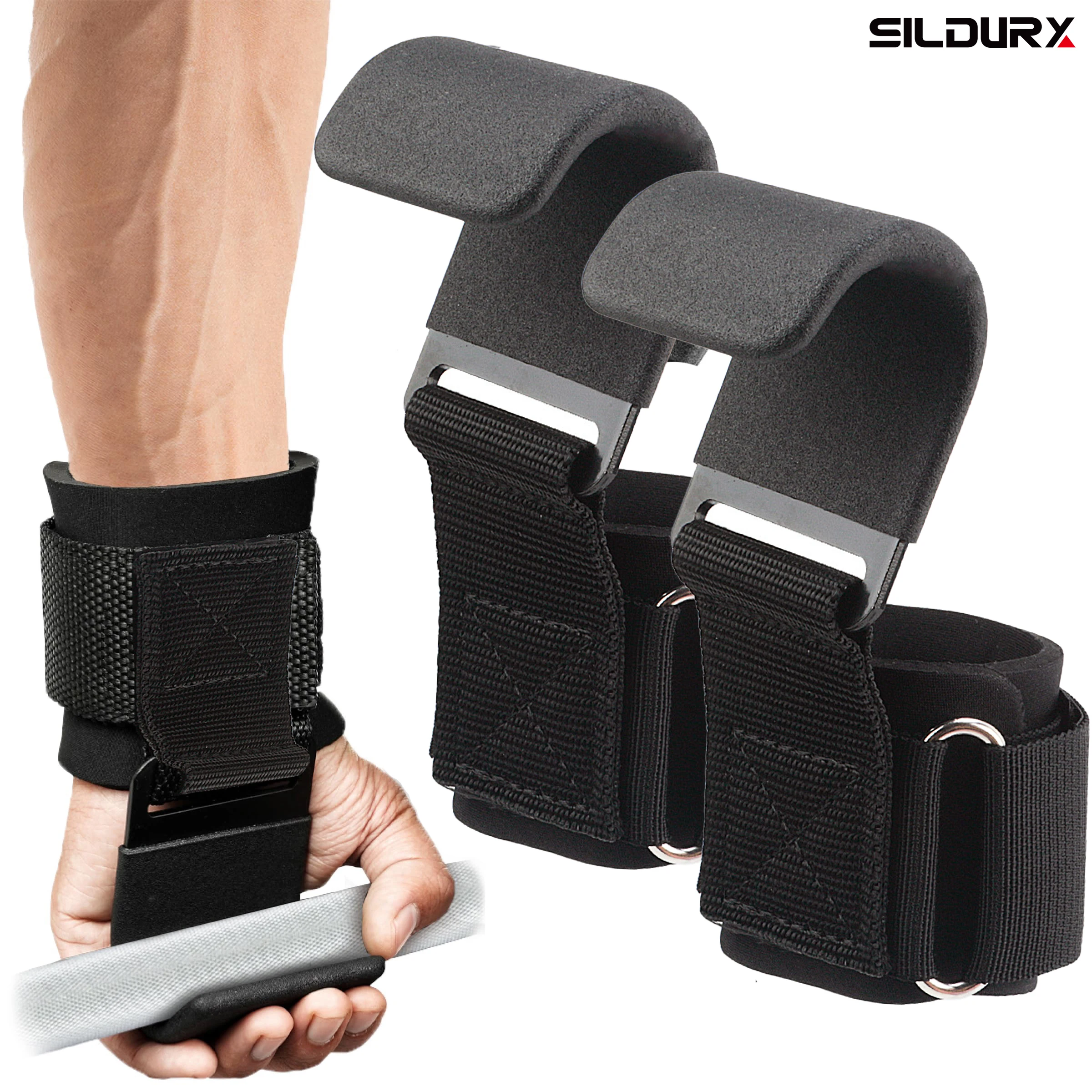 

SILDURX Weight Lifting Hook Grips With Wrist Wraps Hand-Bar Wrist Strap Gym Fitness Hook Strap Pull-Ups Power Lifting Gloves
