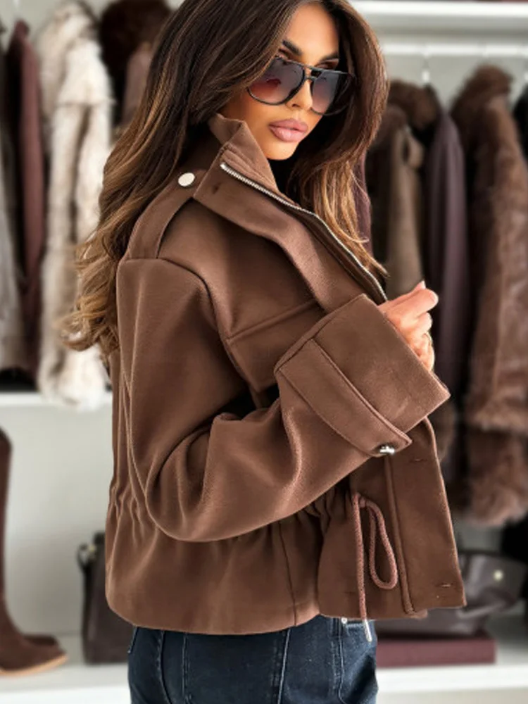 Elegant Long Sleeve Zipper Slim Fit Drawstring Women Jackets Winter Casual Loose Office Short Coat New Fashion Autumn Outwear