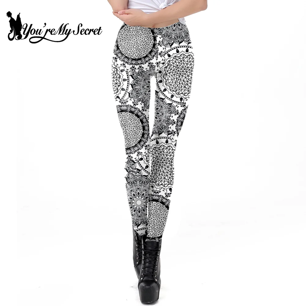[You're My Secret] Black White Geometric Print Leggings Women Summer Slim Trousers Soft Elastic Yoga Pants Daily Fitness Bottoms