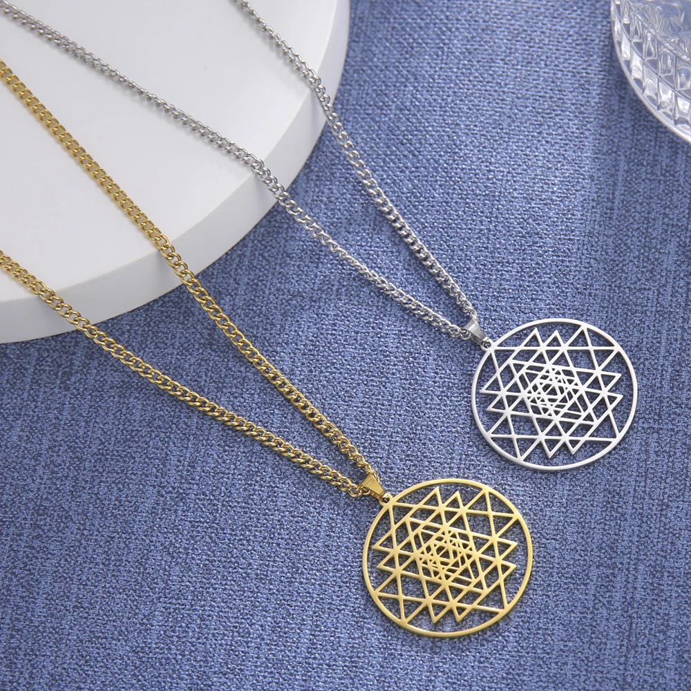 Skyrim Hindu Sri Yantra Meditation Necklace Men Stainless Steel Gold Color Long Chain Necklaces Amulet Sacred Geometry Jewelry