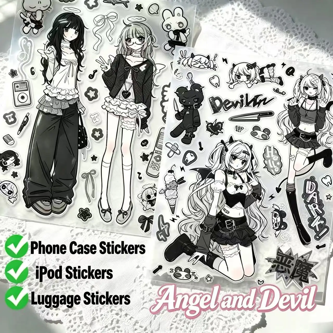 Sweet Cool Girl Korean Black and White Angel Devil Character Guka Account Material DIY Decorative Stickers Mobile Computer Gift