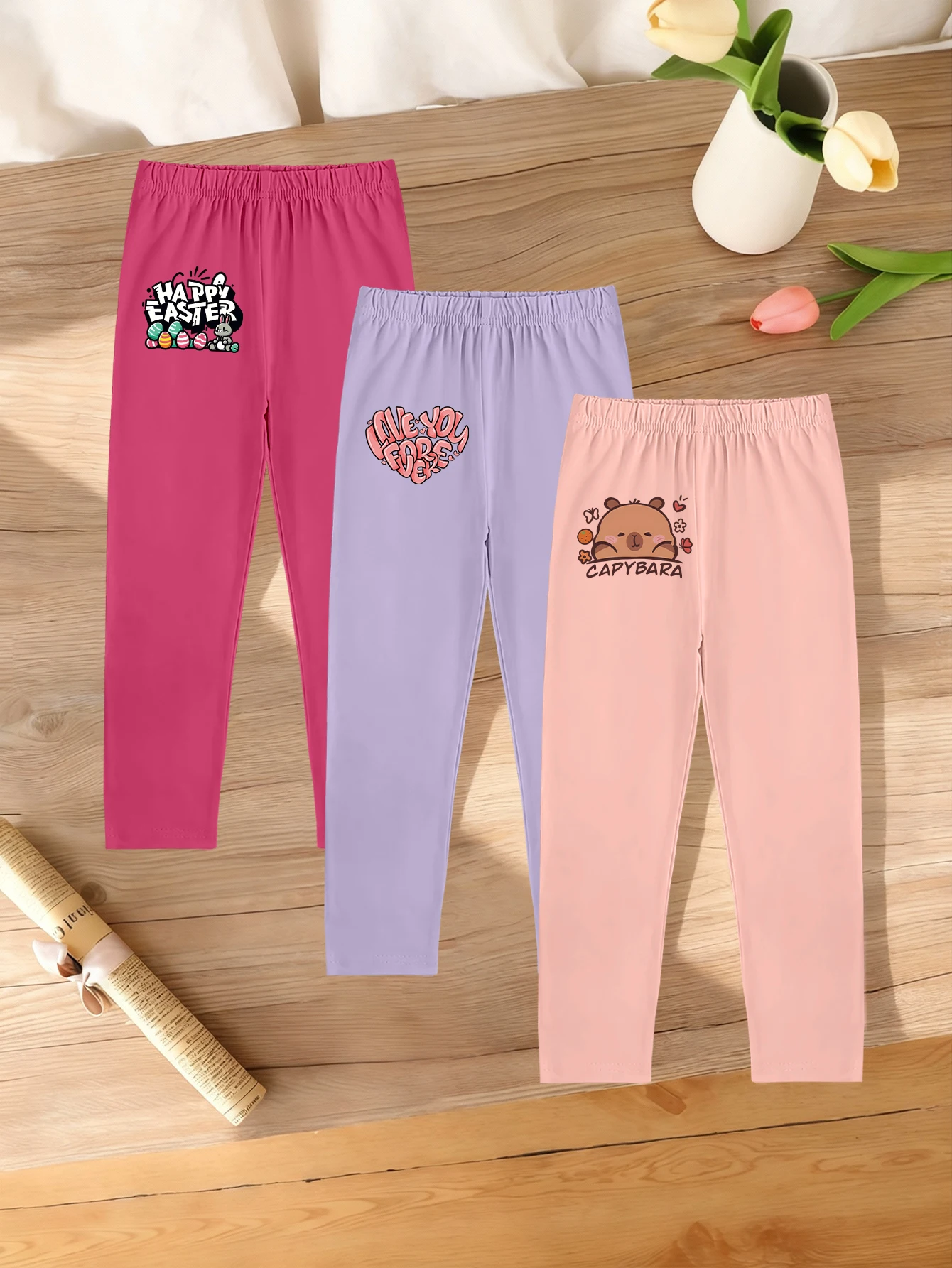 3 Pieces, Cartoon Hearts, Cartoon Rabbits, Capybara Pattern Print, Cute Casual Leggings for Girls