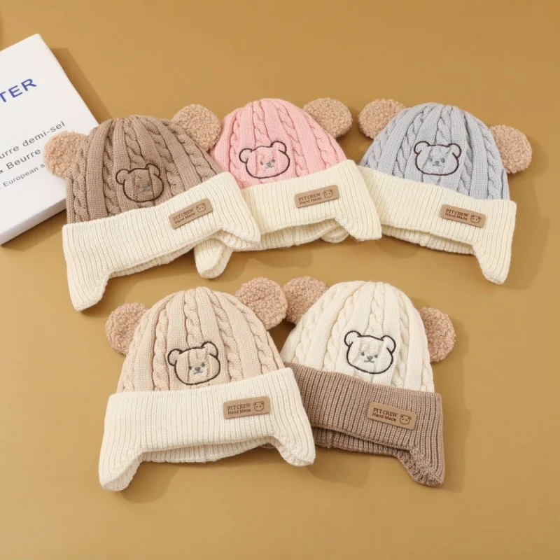 Cute Bear Knitted Hat Baby Winter Warm Ear Protection Hat For Boys and Girls Outdoor Cold Stitching Color Wool Hat For Children