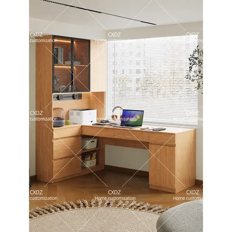 Solid Wood Desk with Bookshelf Integrated Computer Table for Small Apartment Bedroom Home Student Study Writing Workstation