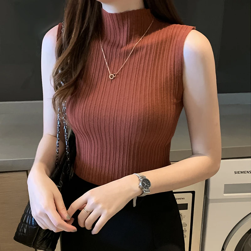 Solid Slim Thin Sleeveless Knitted Sweater 2023 Spring Summer Half High Neck Shirt for Women Elegant Casual Blouse Blusas 15662