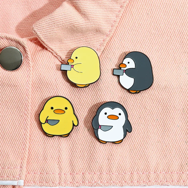 Cutie Killer Enamel Pins Chick Little Penguin Dagger Knife Brooches Lapel Badges Cartoon Fun Animal Jewelry Gift for Kids Friend