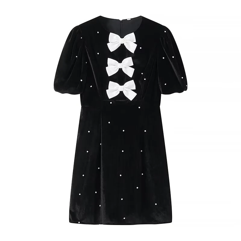 

YENKYE New Women Black Velvet Puff Sleeve Bow Elegant Mini Dresses Party Vestidos