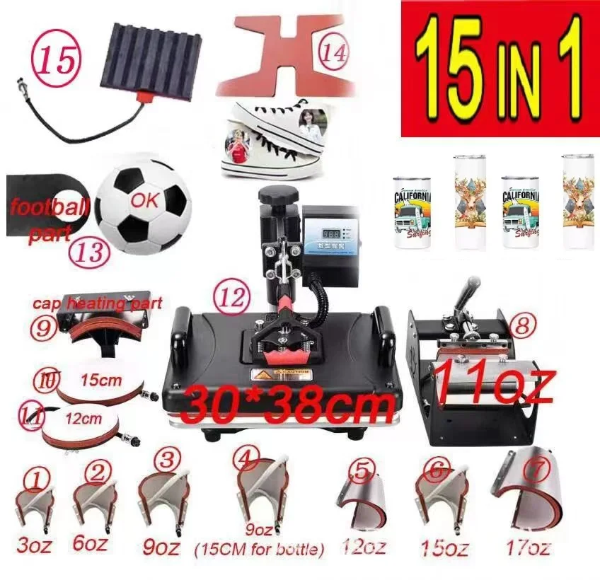 15 in 1 Electric Combo Heat Press Machine for T-shirt Mug Hat Plate Pen Puzzle Heat Transfer & Sublimation Print New Condition