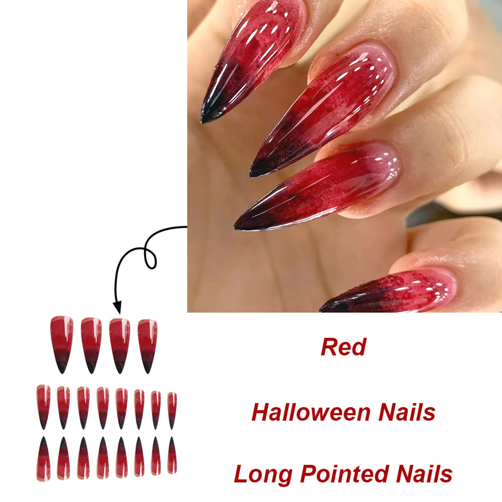 24szt Halloween Fałszywe Paznokcie Czarny Czerwony Gradient Fałszywe Paznokcie Spiczaste Tipsy Do Noszenia Długie Y2k Press On Nails Stiletto Dla