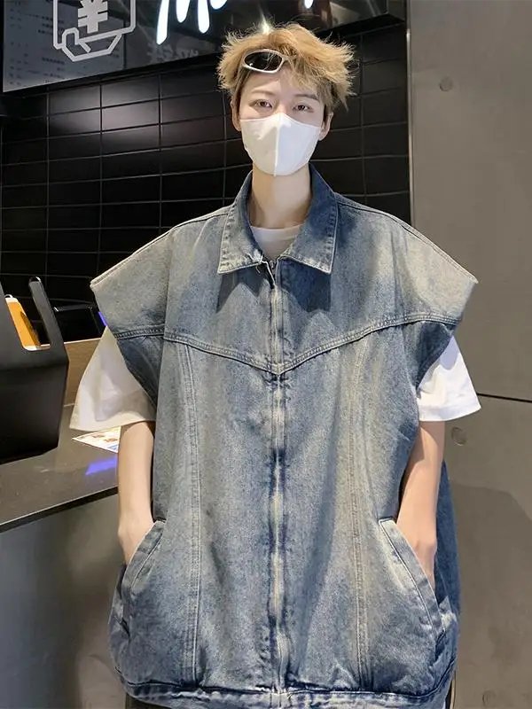 

Retro American Padded oulder Denim Vest Men's Trendy Design Loose Svel Workwear Jaet Youth Summer Casual Faion