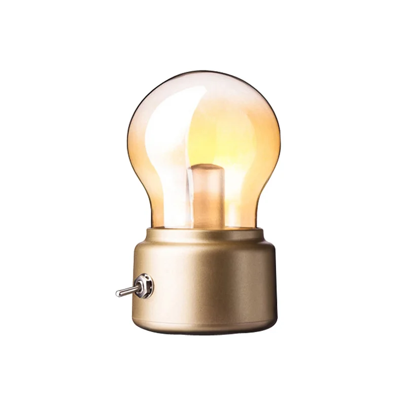 Usb Rechargeable Bulb Light Retro Vintage Glass Night Lamp Led Desk Light For Bedroom Bedside Golden Metal Switch 12H Long