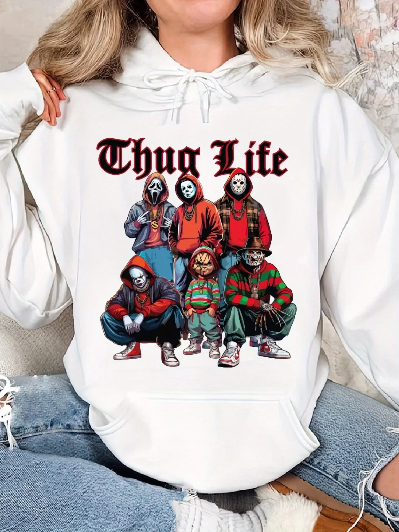 Thug Life Horror Movie Characters, Vintage Scary Movies Cozy Classic Print Pullover Hoodie, Casual Long Sleeve Hoodie For Sprots