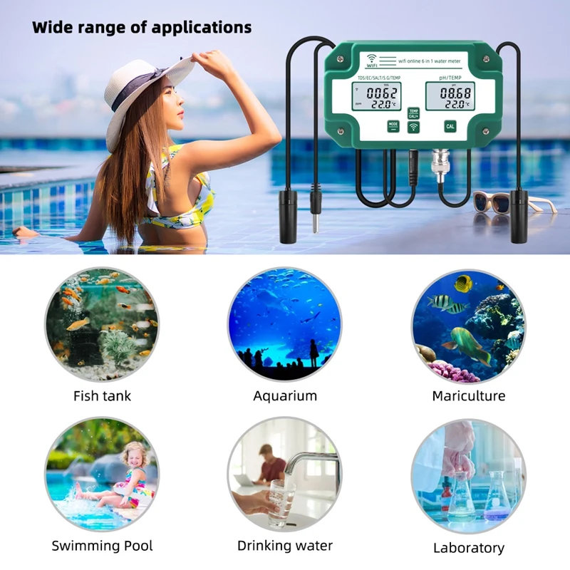 Digital Wifi PH EC TDS SALT S.G.Temp Meter Water Quality Tester 6In1 Smart Monitor Tuya APP Control For Aquarium