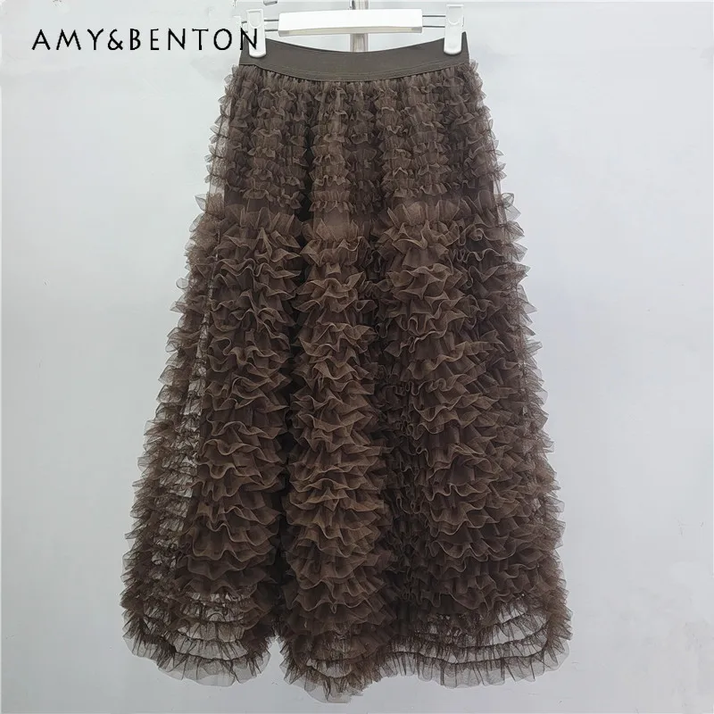 

French Y2k Sweet Multi-layer Ruffled Lace Mesh Cake Skirt 2026 Spring New Korean Style Gentle Fairy A-line Puffy Skirts 5 Colors