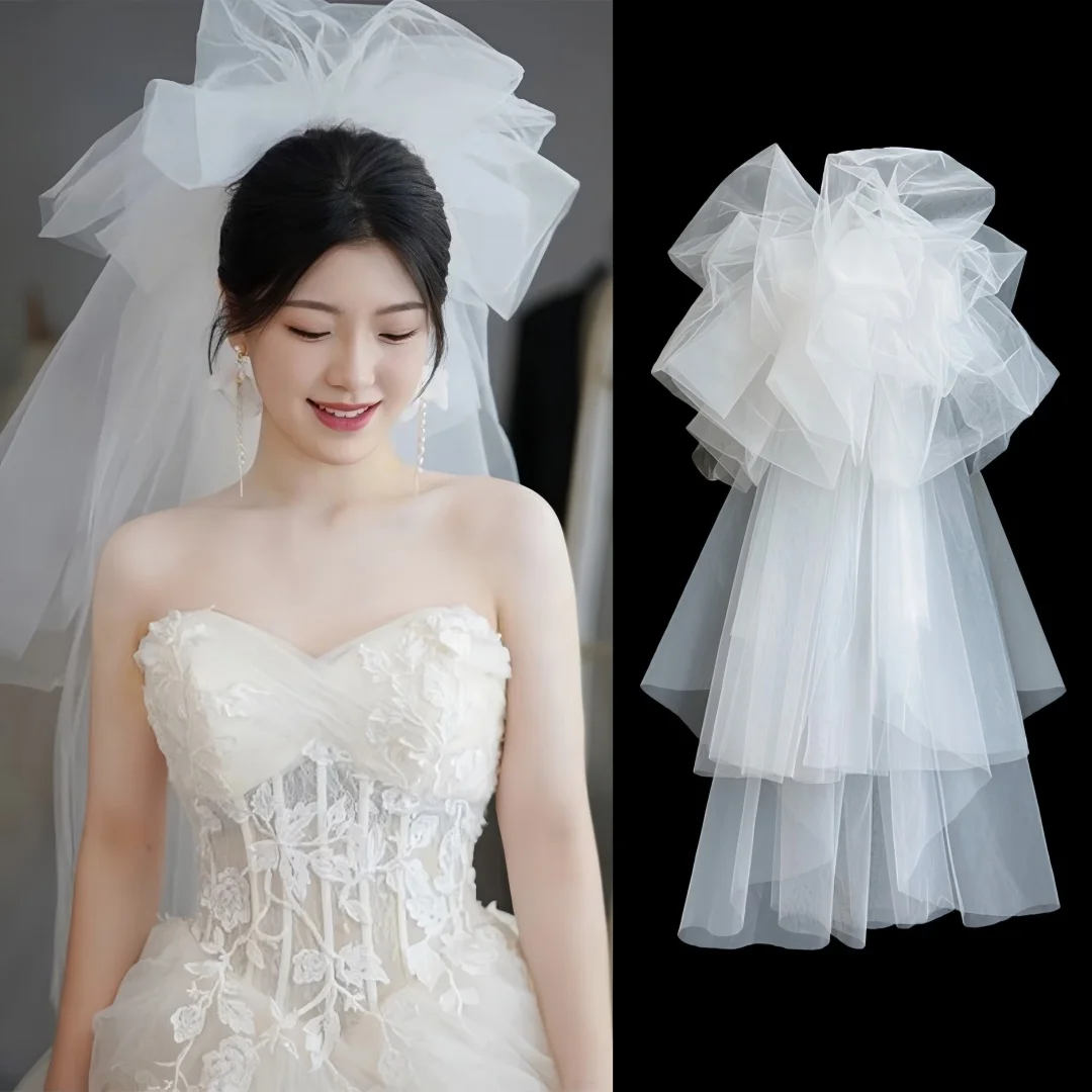 Big Puffy Tulle Bow Bridal Veil Multi-Layer Soft Tulle Wedding Veil Clip Or Comb Short Bride Photography Veil Velo De Novia