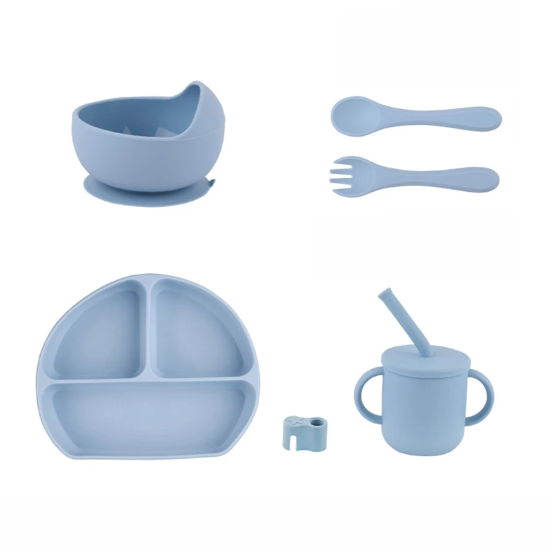

5 шт. новый силиконовый набор для кормления детей без BPA, присоска, обеденная посуда, тарелка, соломенная чашка, ложка, вилки для детей, детская посуда