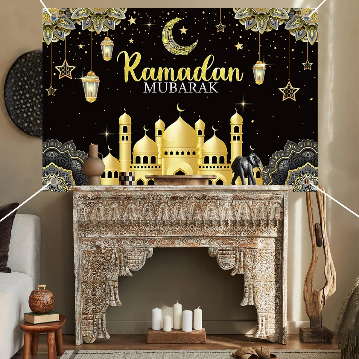 Eid Mubarak Polyester Backdrop Background Eid Ramadan Kareem Decor For Home 2025 Islamic Muslim Party Supplies Gifts Eid Al-Fitr