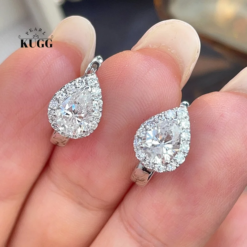 KUGG, pendientes de oro blanco/amarillo de 18 quilates, 100 % auténticos, con forma de gota de agua, con diamantes naturales, pendientes de aro para mujer, joyería fina.
