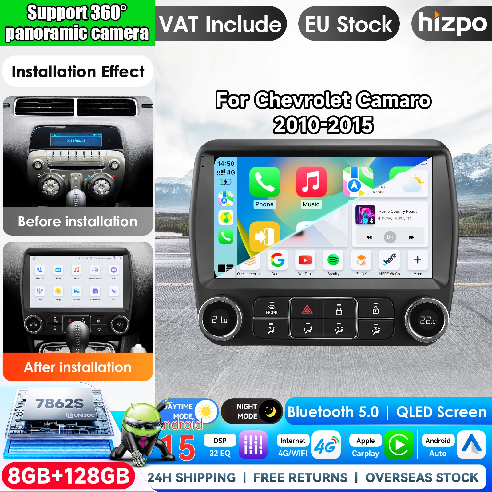 Autoradio stereo Hizpo Carplay, lettore multimediale video per auto, schermo per Chevrolet Camaro 2010-2015, 8Core Android 16, FM, 4G, GPS, BT, display touch, Airplay, lettore autoradio, navigazione